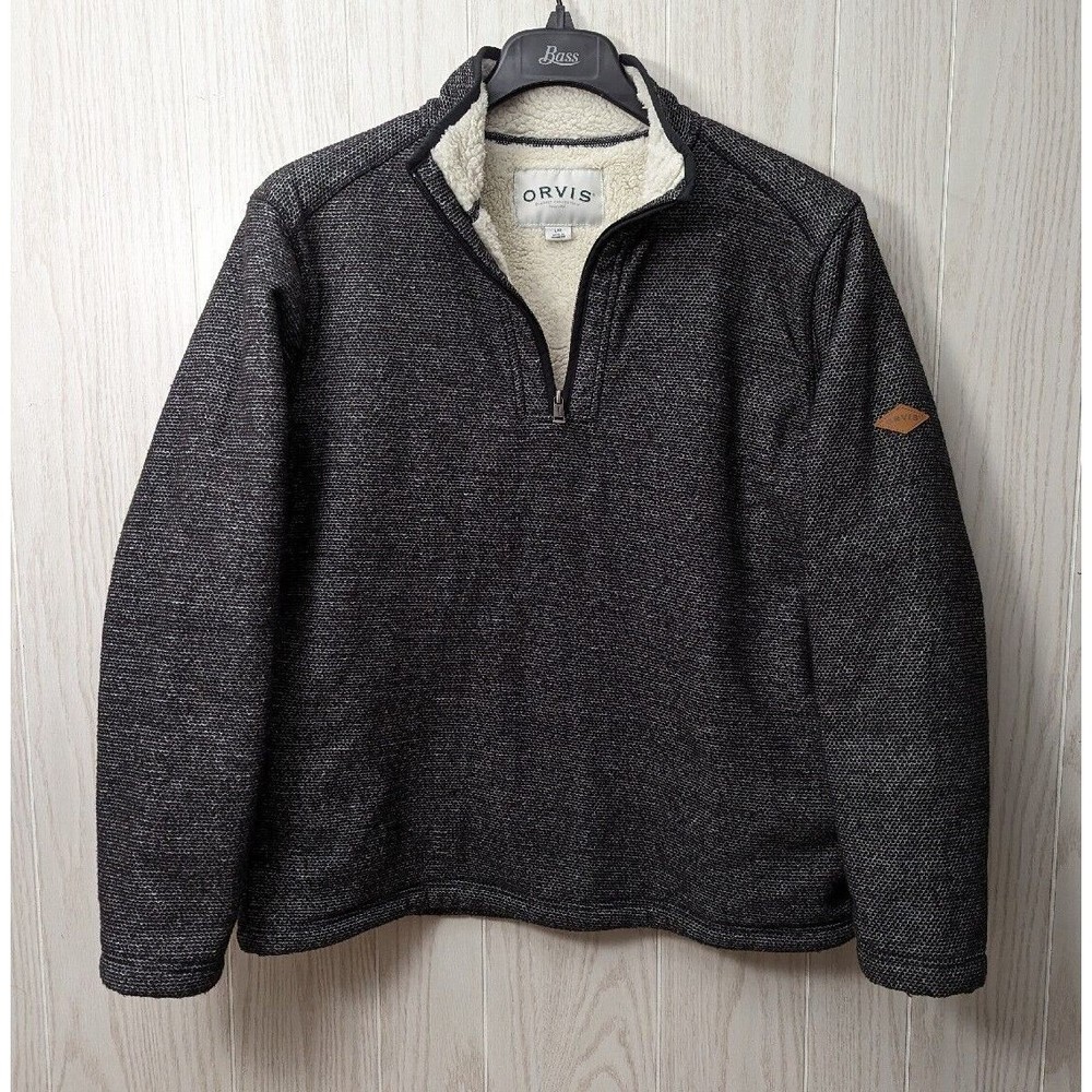 Orvis Sweater Mens Large Black Sherpa Lined Quarter Zip Pullover Mock Neck WARM